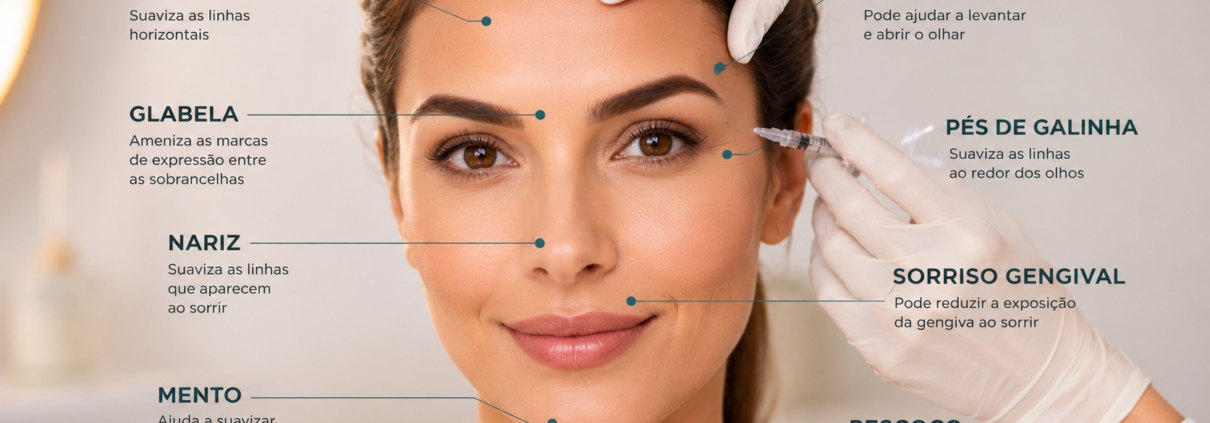 Áreas de aplicação do Botox para suavizar marcas de expressão com naturalidade.