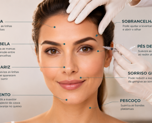 Áreas de aplicação do Botox para suavizar marcas de expressão com naturalidade.