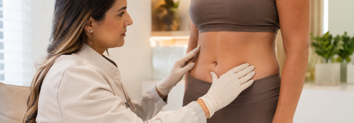 Avaliação profissional de gordura localizada abdominal antes de tratamento com enzimas.