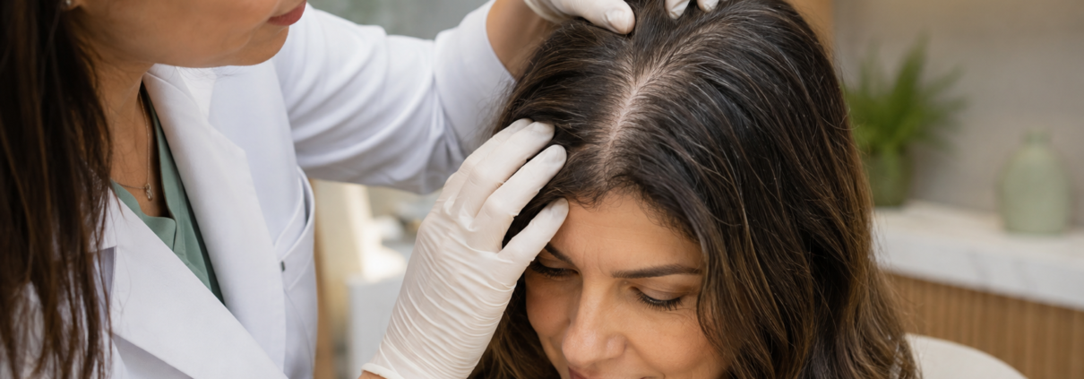 Profissional avaliando couro cabeludo de mulher com queda de cabelo antes de indicar tratamento capilar.