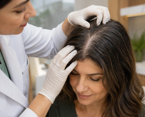 Profissional avaliando couro cabeludo de mulher com queda de cabelo antes de indicar tratamento capilar.