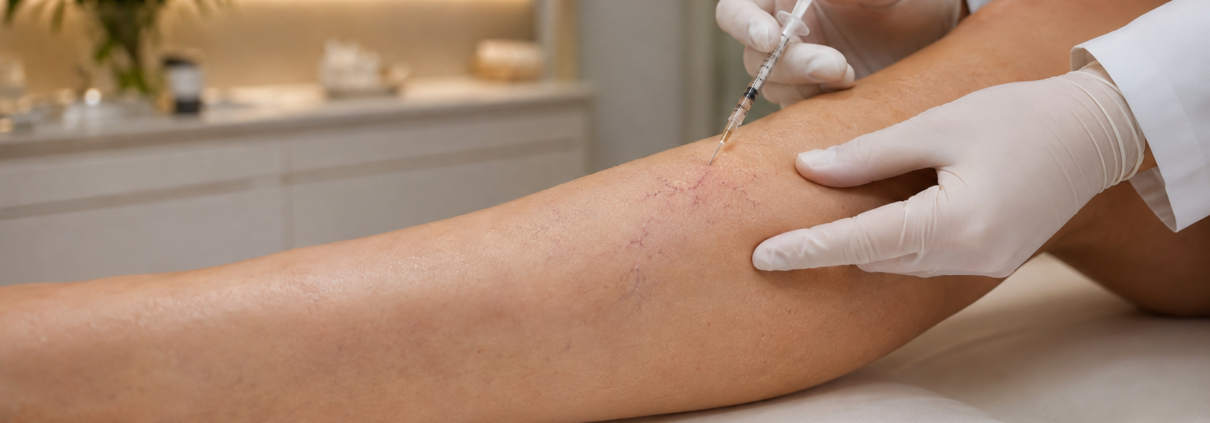 Profissional realizando aplicação para tratamento de pequenos vasinhos na perna de paciente na SlimCenter.