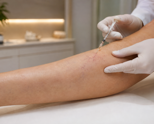 Profissional realizando aplicação para tratamento de pequenos vasinhos na perna de paciente na SlimCenter.