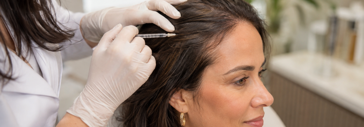 Profissional realizando mesoterapia capilar com aplicação no couro cabeludo.