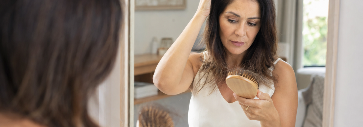 Mulher percebendo aumento da queda de cabelo enquanto observa os fios em ambiente natural.